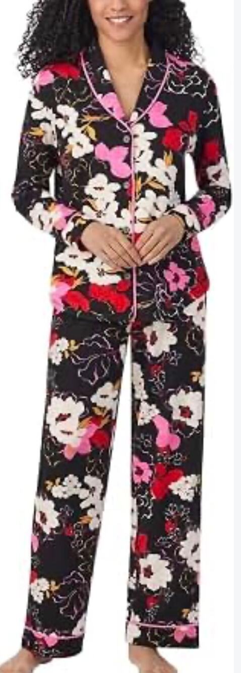 Room Service Women's 2-Piece Shawl Collar Black Floral Pajama Set-Size XXL